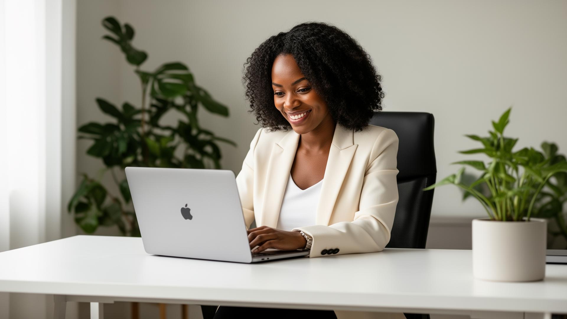 Professional woman checking credit score on laptop