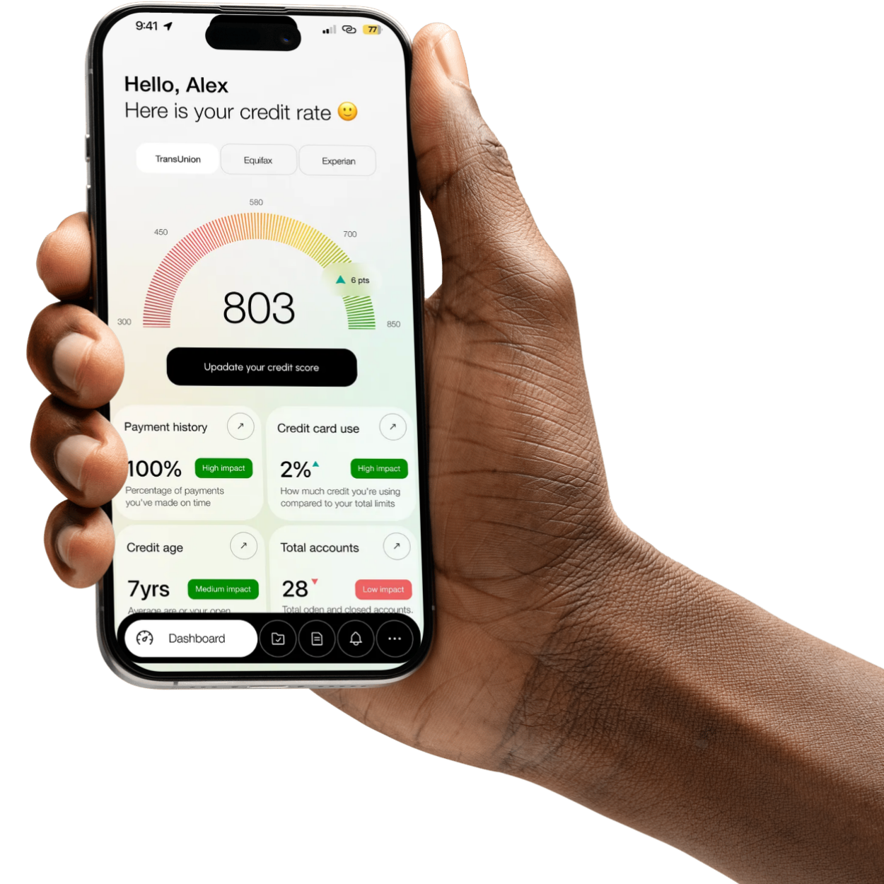 Hand holding phone displaying credit report app